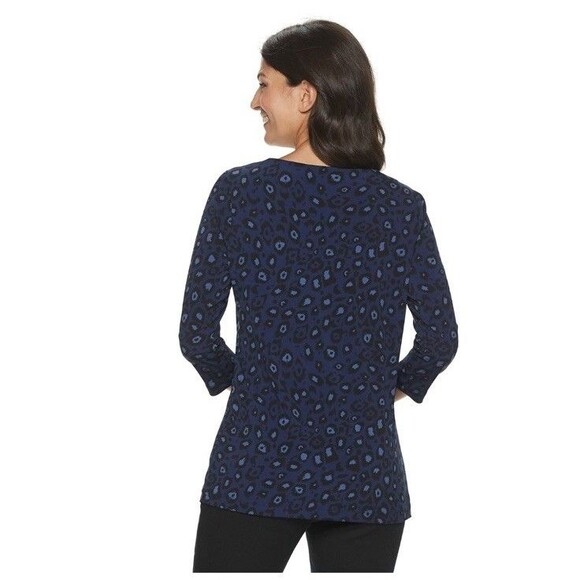 Croft & Barrow Boho Tunic Top Keyhole Neck 3/4 Sleeve Blue Leopard Print Large - Picture 6 of 10